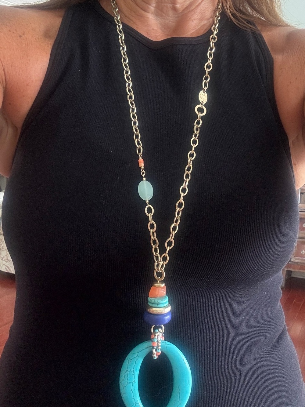 CHICO'S Gold-Tone Necklace with Turquoise Oval Pendant and Multicolor Beads